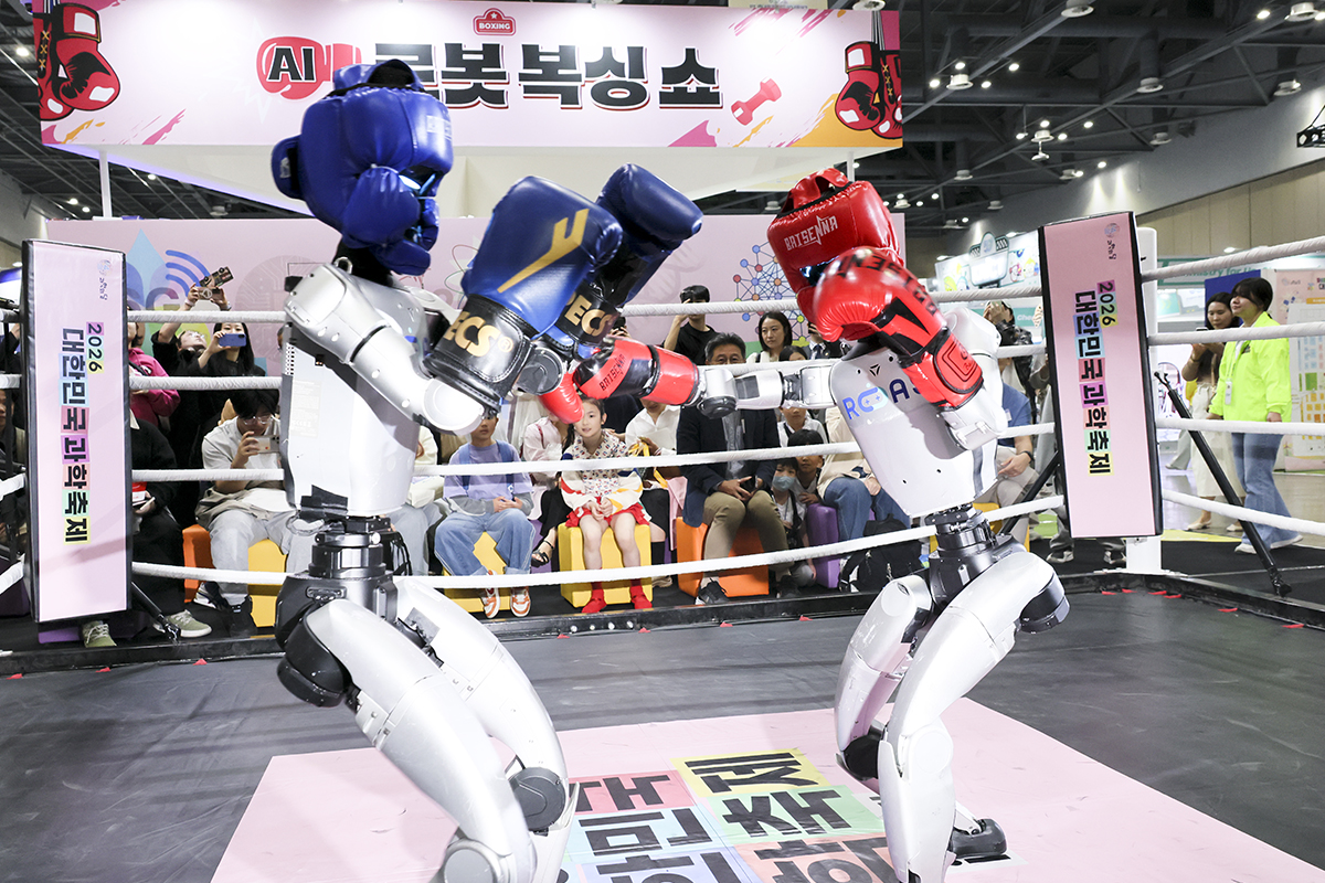 Am 24. April schauen sich Besucher beim Korea Science Festival, das im KINTEX in Ilsan in der Provinz Gyeonggi-do stattfindet, einen Boxkampf zwischen KI-Robotern an.