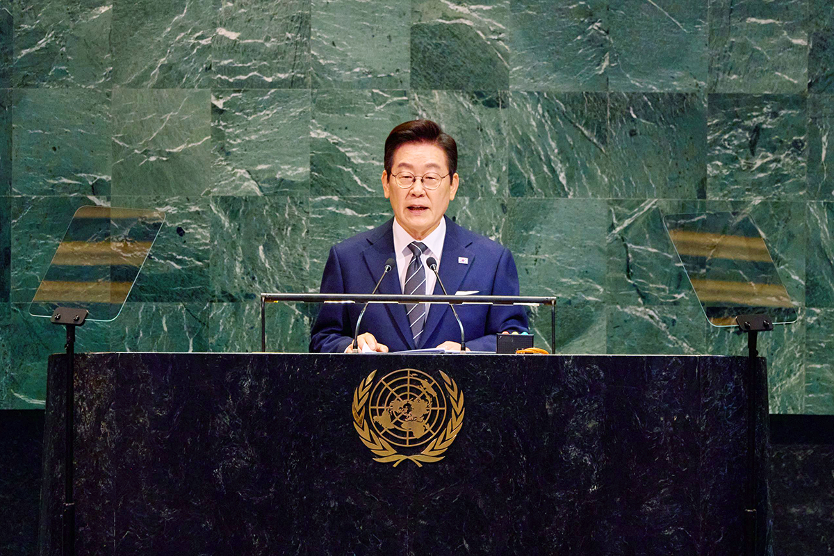 Am 24. September 2025 h&auml;lt Pr&auml;sident Lee Jae Myung seine Rede im UN-Hauptquartier in New York w&auml;hrend der 80. UN-Generalversammlung ⓒ Cheong Wa Dae 